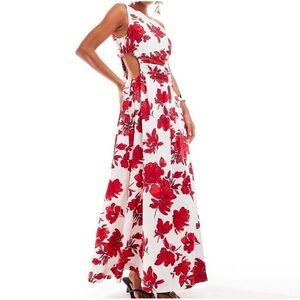 Abercrombie & Fitch Dress Womens Large Petite Red White One Shoulder Cutout Maxi